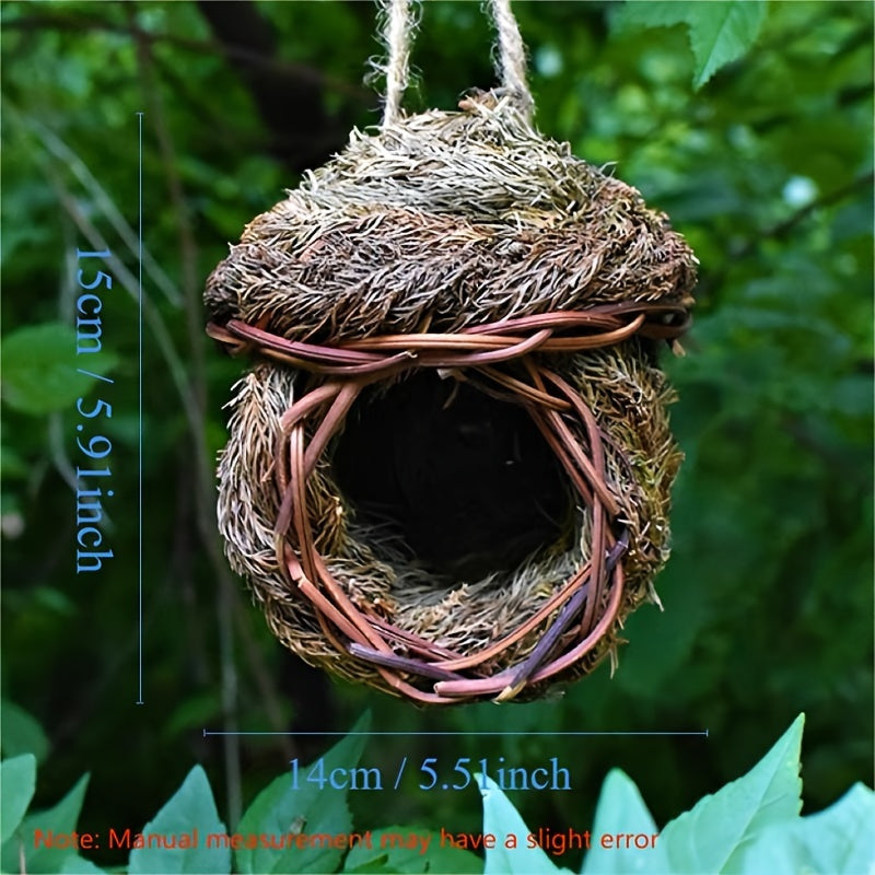 Handmade grass bird nest for small pets, woven with pine needles. Warm and coldproof, ideal hideout in pastoral yard. Aerial charm round bird house.