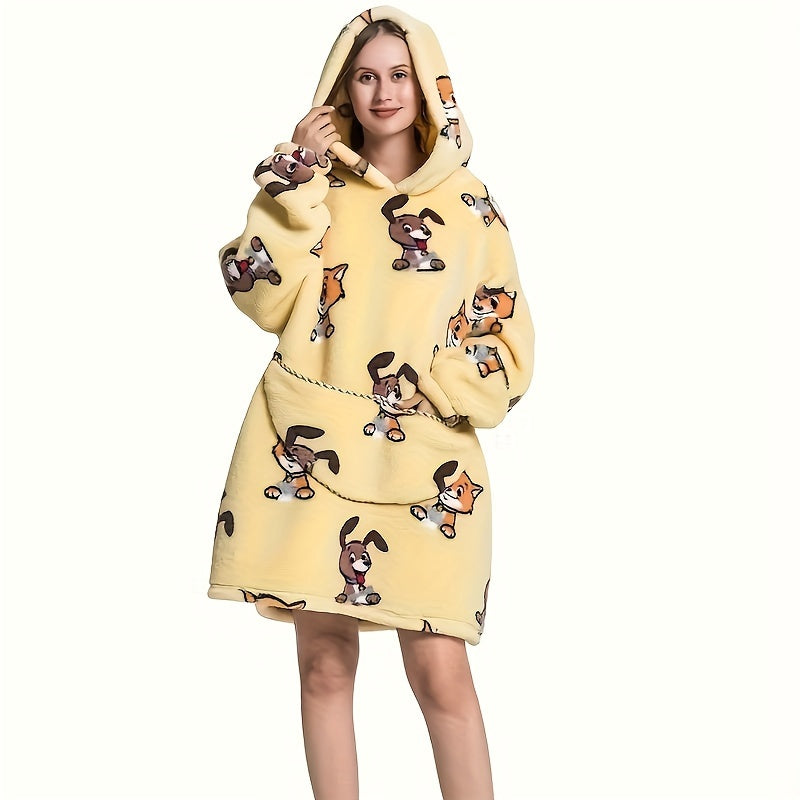 Animal-Themed Cozy Fleece Hooded Wearable Blanket - Reversible, Hand-Wash Only - Ideal for Outdoor Adventures and Home Relaxation