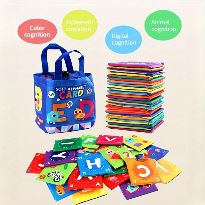 Set of 26 Cloth Books for Infants - Early Education Cognitive Cards featuring Animals, Letters, Colors, and Numbers. Washable and Includes Storage Bag. Perfect for Cognitive Development and Intelligence Enhancement in Babies.