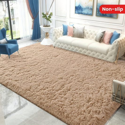 Luxurious camel-colored shag area rug featuring a modern rectangular design. Plush and non-shedding, with non-slip backing for use in living rooms, bedrooms, and home decor.