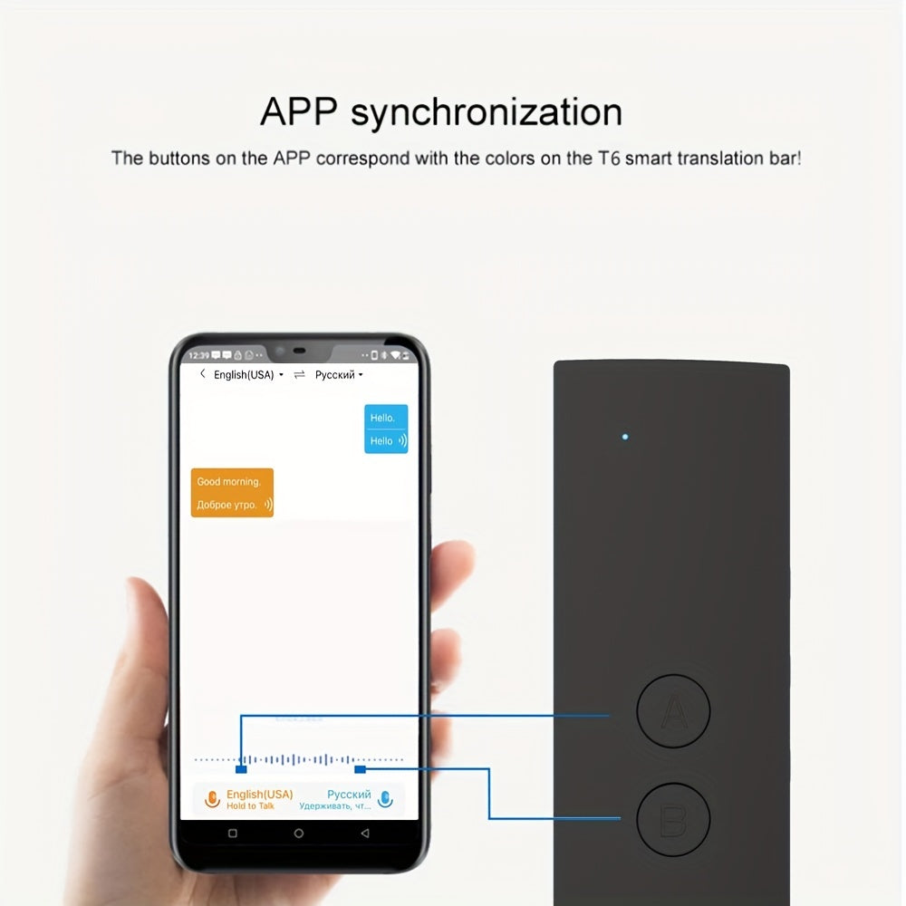 Compact portable device translates 69 languages in real-time with 2-way voice translation.