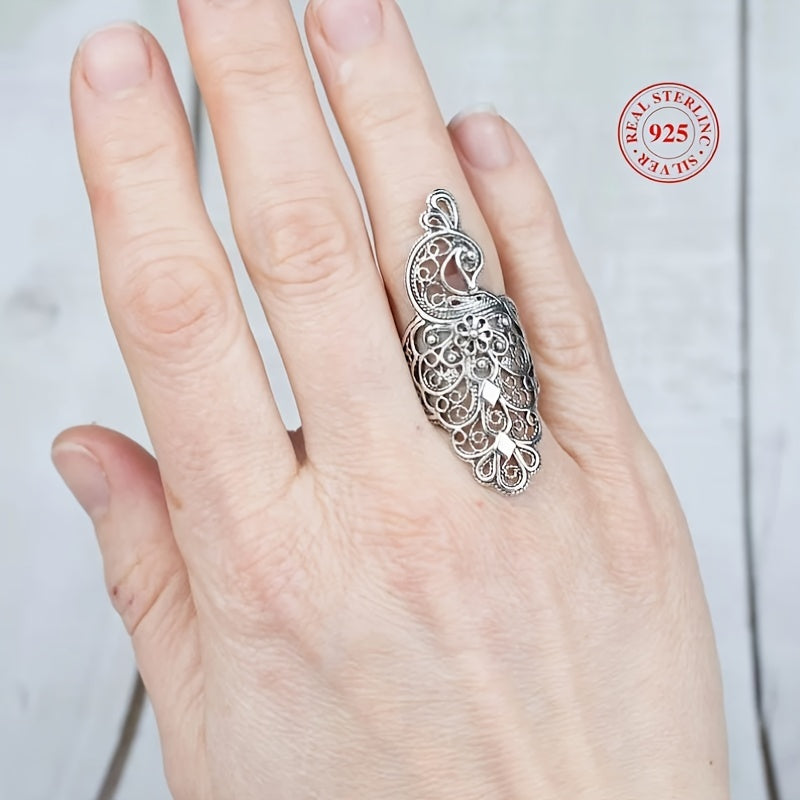 Elegant Bohemian-inspired Sterling Silver Peacock Hollow Ring, Ideal for Wedding and Anniversary Presents