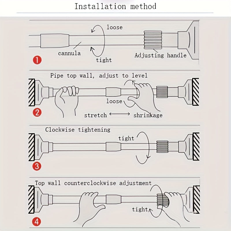 Adjustable tension curtain rod for shower, closet, window, or towel rack. Heavy-duty, no-drill, metal and plastic.