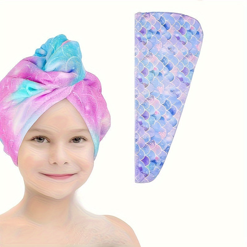 Printed microfiber hair towel for kids with quick-drying soft fabric, and button hair bandana for girls to wrap wet hair in salon.