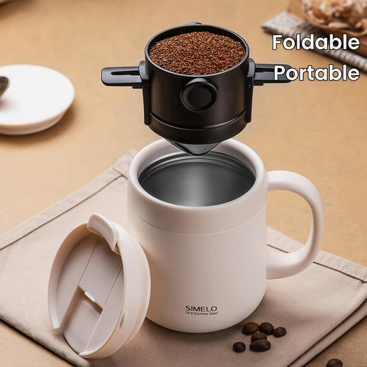 The SIMILO Portable Folding Coffee Filter is a convenient and durable option for coffee lovers on the go. Made of stainless steel mesh with an ear-hanging handle, this filter is easy to clean and use. Ideal for drip brewing in the office, while