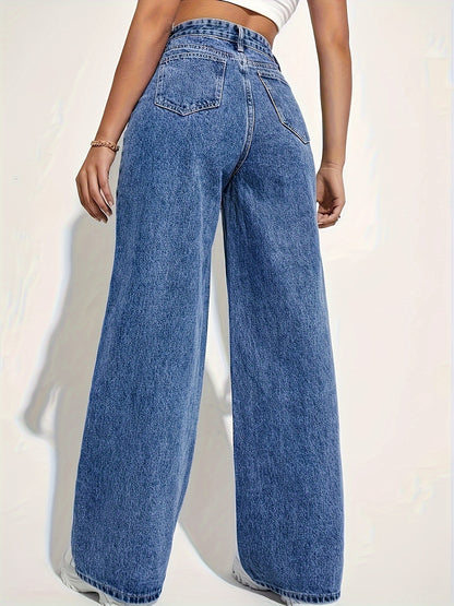 Women's high rise denim jeans with button fly and straight leg.