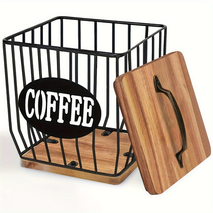 Stylish Black Wire and Wood Coffee Pod Holder with Lid - Holds Plenty of K-Cups, Tea Bags & More - Great for Home or Office Counter Organization