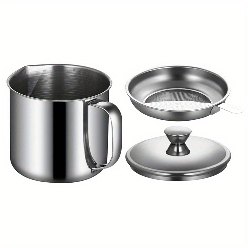 Stainless Steel Grease Keeper with Strainer - Large Food-Grade Oil Storage Pot - Includes Pouring Spout and Lid for Kitchen Oil Filtration and Storage - Safe Cooking Oil Container for Home Use - 43.96oz