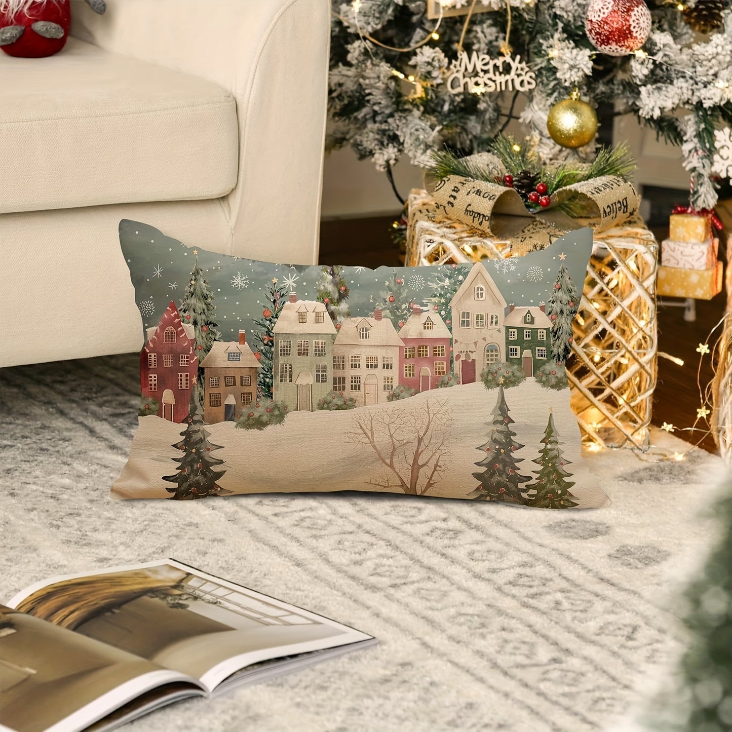 Winter Wonderland decorative throw pillow cover, 12x20 inches, linen woven with zipper closure. Machine washable and versatile room decor for Christmas. 1pc, pillow core not included.