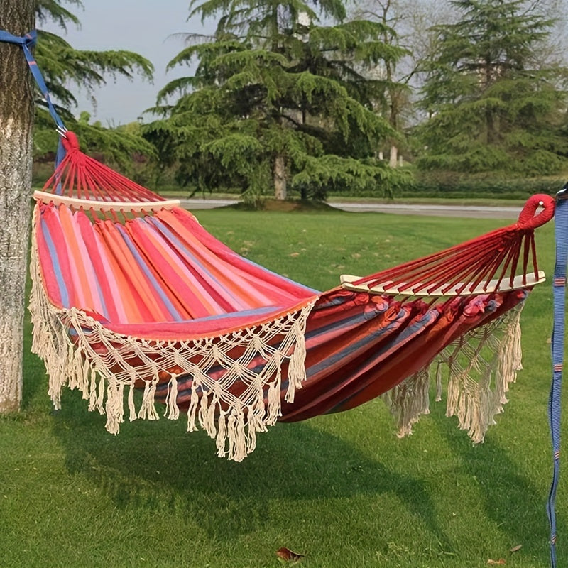 Tusheng Bohemian Style Hammock with Fringe, Cotton Blend Fabric, Thick Ropes, 204.12KG Capacity, Outdoor/ Garden/ Patio/ Wedding Decor, Includes Carry Bag.