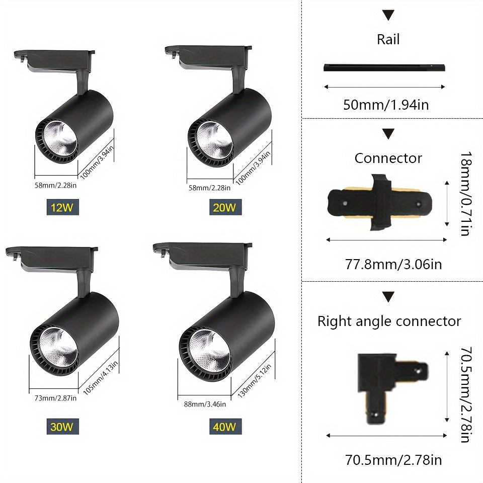 4-piece set of LED track lights in 12W, 20W, 30W, and 40W for store and home use.