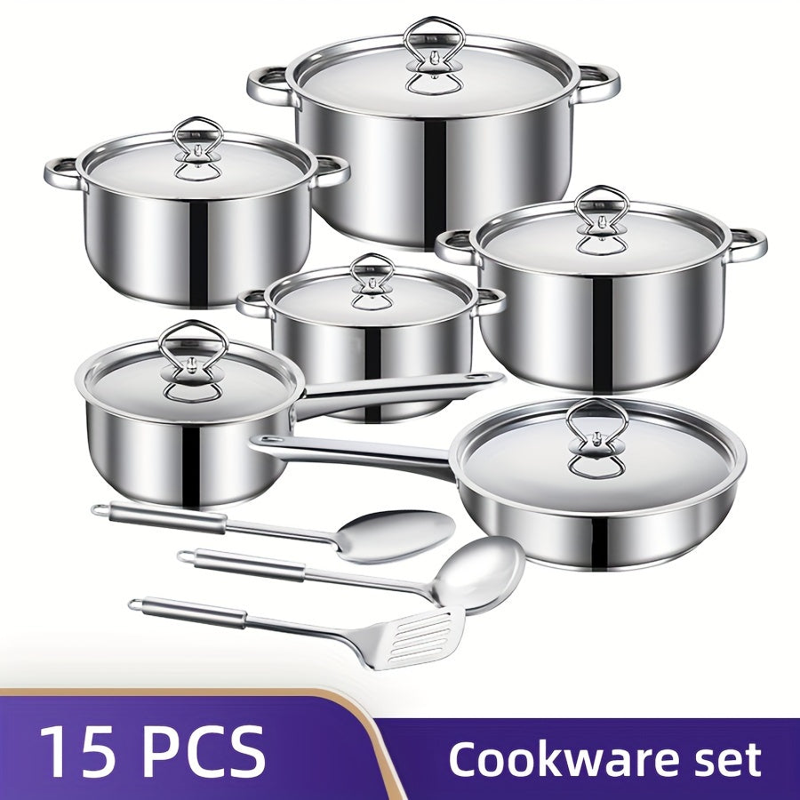 Complete Stainless Steel Cookware Set - 15 Pieces for Home and Restaurant Cooking, with Pots, Pans, and Utensils