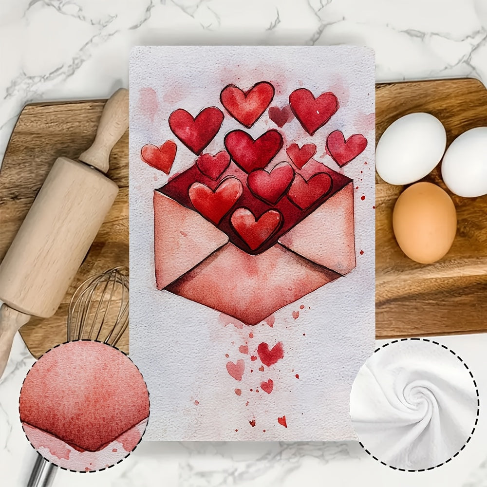 Two romantic Valentine's Day kitchen towels are available for purchase. These ultra soft and highly absorbent polyester dish hand towels measure 40.64x60.96 cm and feature a heart envelope design. They are machine washable and are ideal for holiday decor