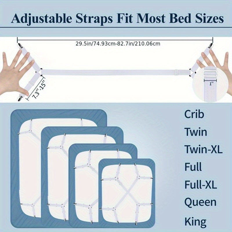 Adjustable Crisscross Bed Sheet Straps - Set of 2, Elastic Woven Fasteners, Secure Clips for Mattress Cover, Triangle Gripper Design for Easy Use, Hand Washable, Universal Fit for All Mattress Sizes