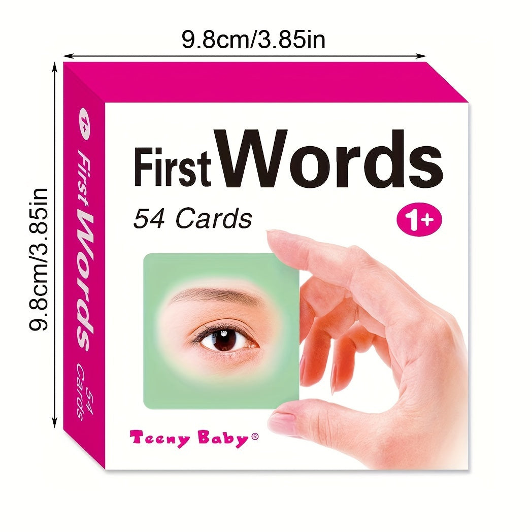 1 box of 54 English children's object word learning cards featuring 54 different object image cards with corresponding word learning cards, designed with rounded edges for safety.