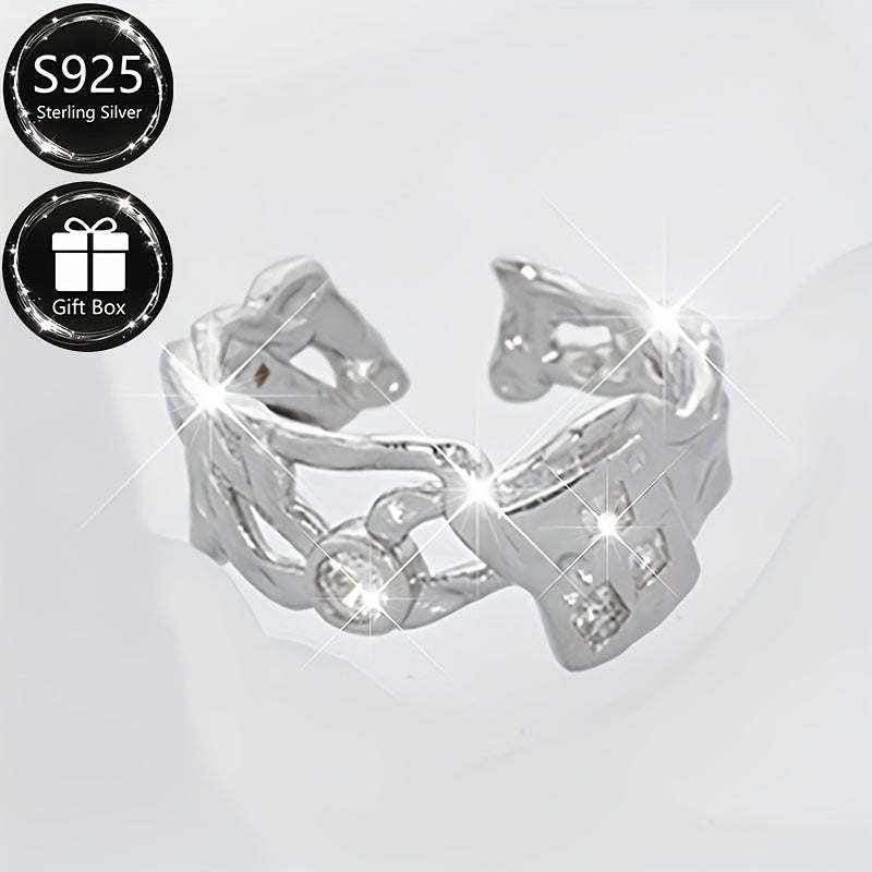 Luxurious 925 Sterling Silver Adjustable Ring featuring Shimmering Cubic Zirconia Stones, Distinctive Irregular Design, Perfect for Formal Events or Gift Giving, Versatile and Stylish Jewelry for any Occasion.