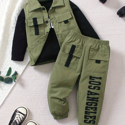 3-piece boys' street style outfit set includes olive green vest with flap pockets, LA print long sleeve tee, and jogger pants. Made of 100% polyester, machine washable for spring/fall.