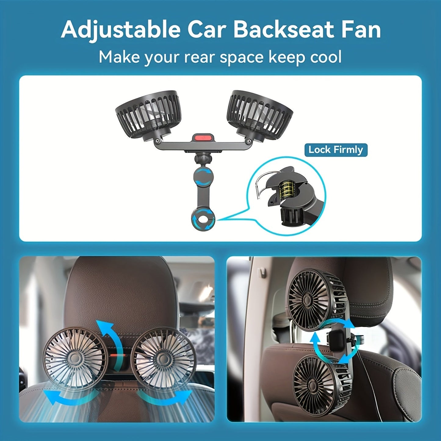 Car Fan for PCs, Small Air Conditioner for Cars, Dual-headed Rear Fan with Powerful Wind, 360° Rotation, High Airflow, Subwoofer Feature, Clip Mounting Base for Car or Home Use.