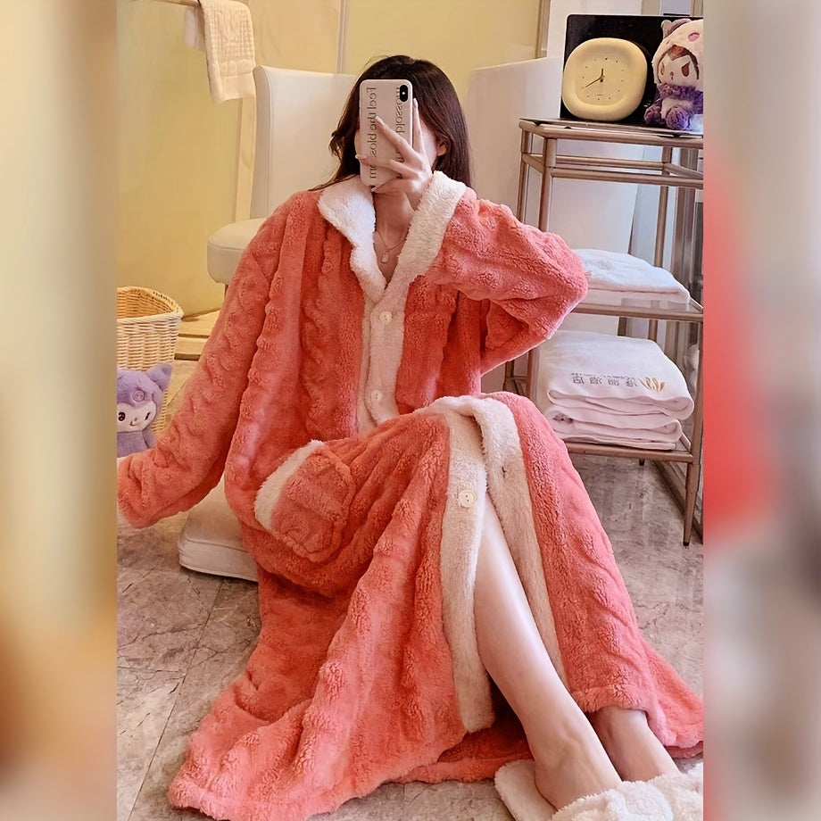 Soft and plush pink coral velvet women's bathrobe with contrast trim. Machine washable for cozy Autumn and Winter lounging.