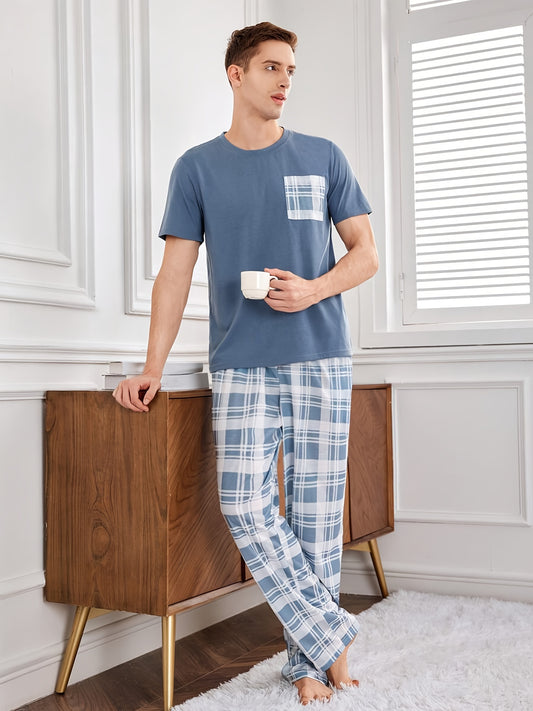 Men's Casual Plaid Pajama Set with Pocket, Short Sleeve, Polyester Knit Fabric, All-Season Comfort, Round Neck, Pullover Design