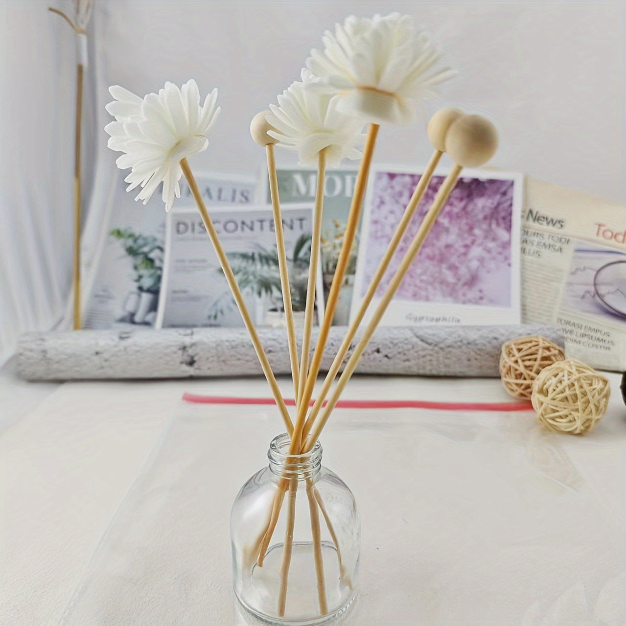 Decorative Reed Diffuser Set for Home or Office, Enhances Room Fragrance with Aromatherapy Oil Sticks and Log Material Flowers