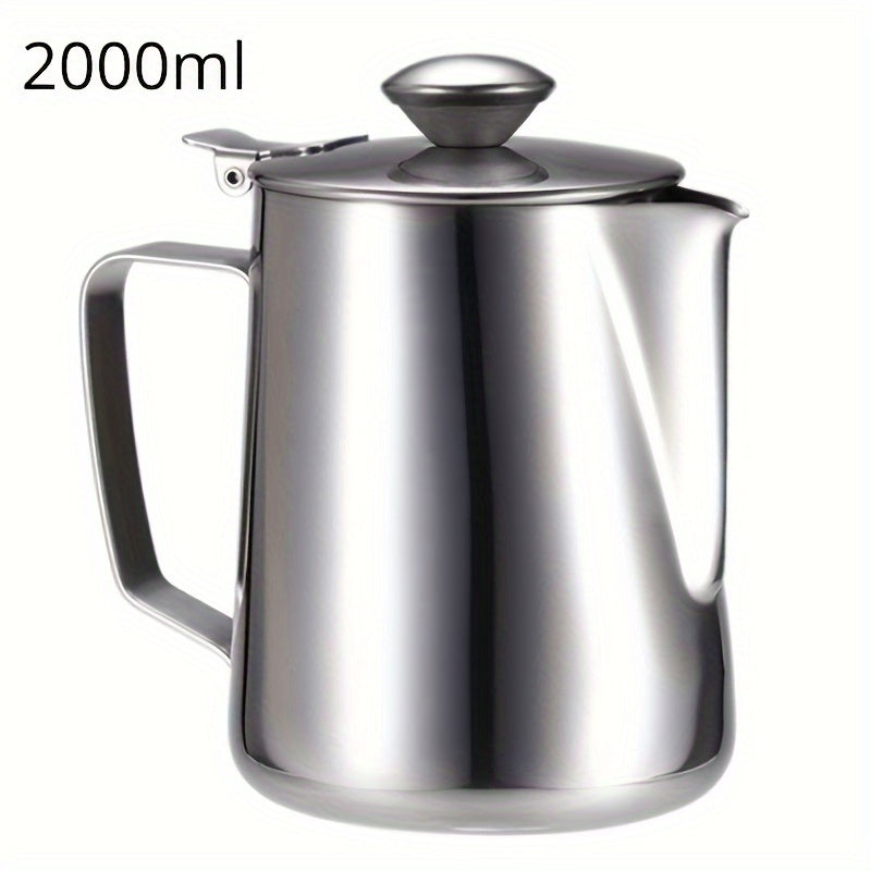 Stainless Steel Milk Frothing Pitcher with Lid - Perfect for Espresso Steam Coffee, Baristas, Lattes, Cappuccinos, RVs, Outdoor Camping, Picnics, Office, and Travel - Includes Cream Cup Jug and Coffee Maker Accessories - Ideal for Back to School