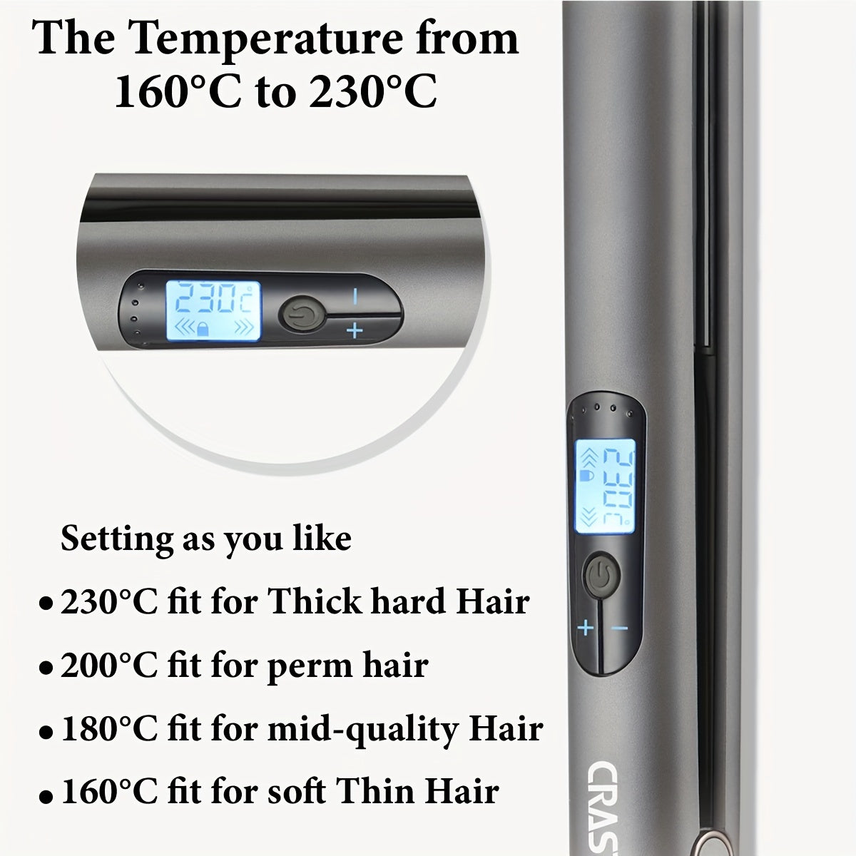 CRASTS Professional Hair Straightener & Curler with 5-level temperature control, display screen, 220V.