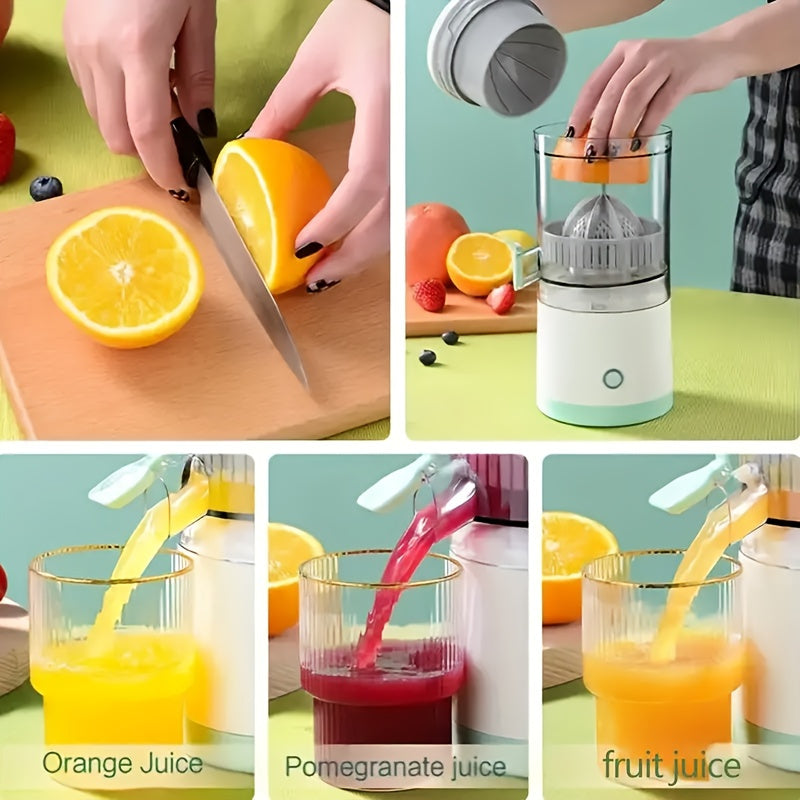 Portable Wireless Electric Juicer with 13.53oz capacity, USB rechargeable and 1600mAh lithium battery. Features push button control, non-heating food grade PP materials, detachable cup, and