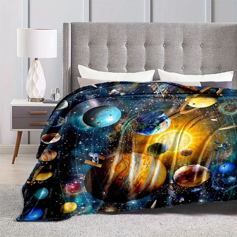 Modern Flannel Throw Blanket with Space Design, Warm and Comfortable for All Seasons, Perfect for Home, Travel, and Outdoor Use, Easy to Clean, Durable and Stain-Resistant, Made of High-Quality Polyester with Universe Print