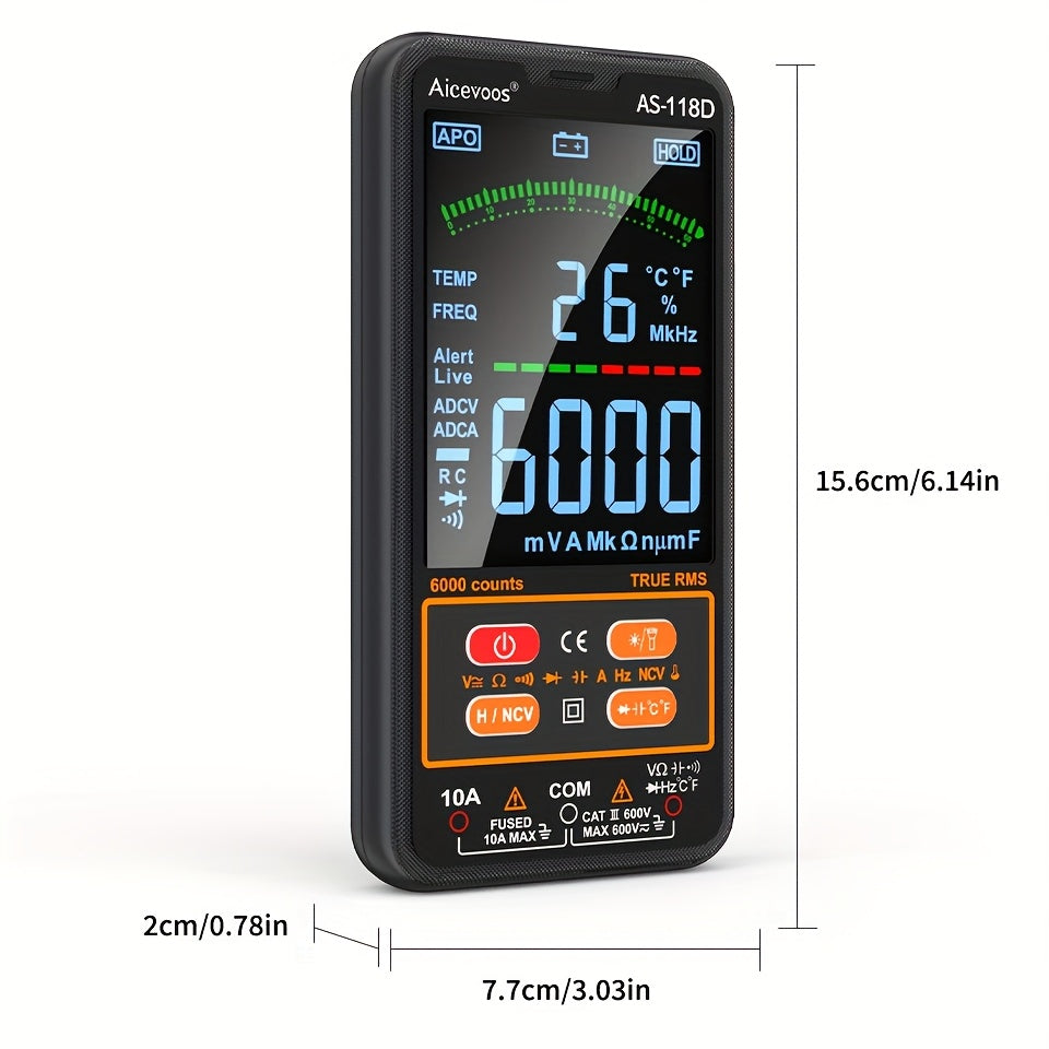 Smart digital multimeter auto-ranges to measure voltage, current, capacitance, resistance, continuity, duty-cycle, temperature, and frequency.