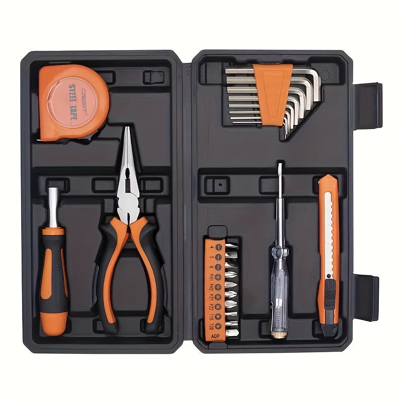 Universal 23pc Home Tool Kit with Carbon Steel Hand Tools in Plastic Case - Ideal for Household, Car, and Office Repairs - Ready to Use, No Batteries Needed.