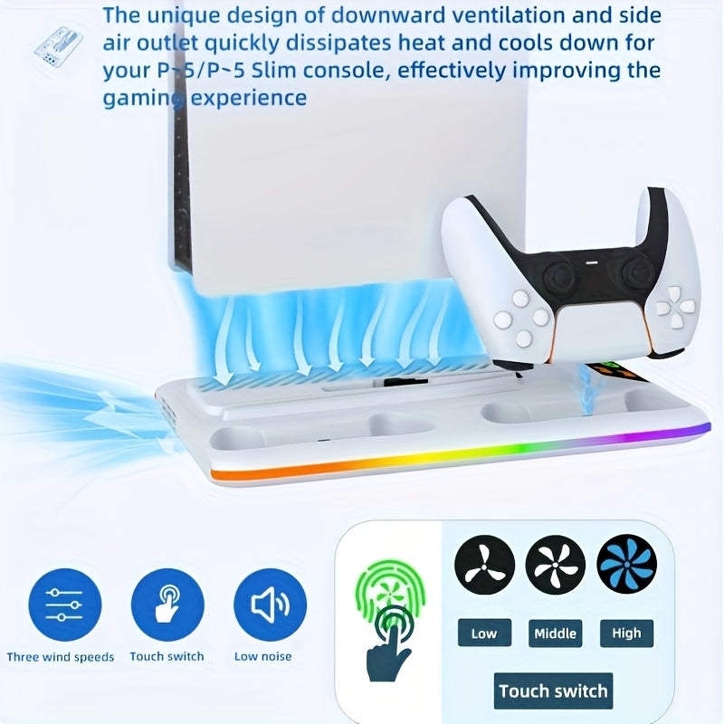 Cooling stand with RGB LED controller charger for PS5/PS5 Slim, with 3-level fan system and secure console/accessory holder for both digital and disc editions of PlayStation 5.