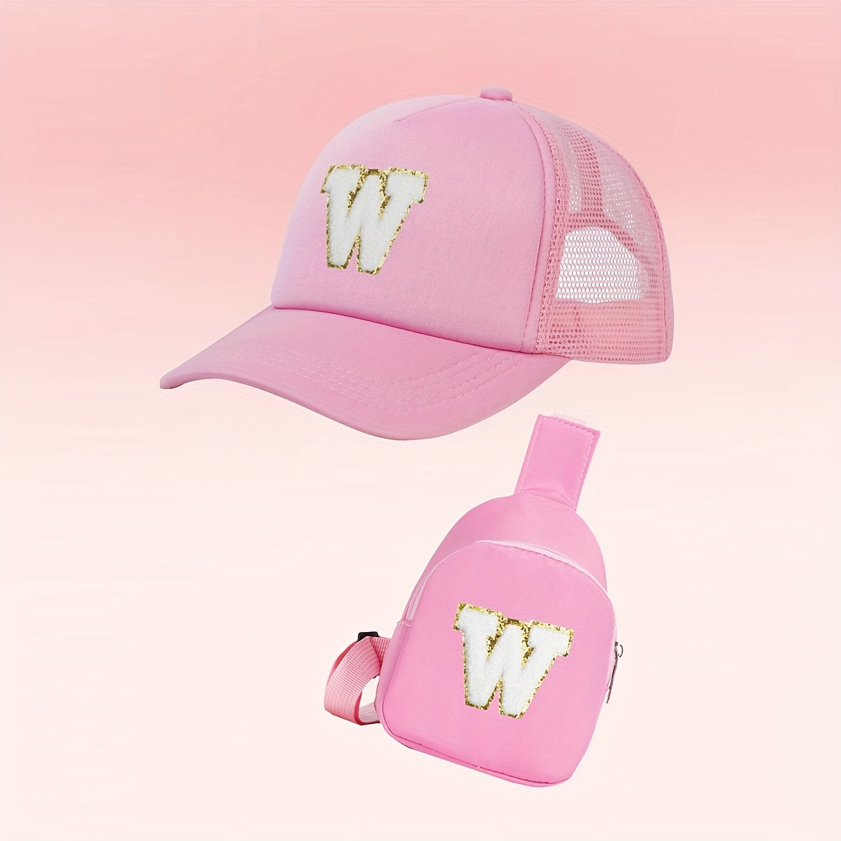 Alphabet-themed 2-piece set for girls includes a polyester baseball cap and bag, suitable for ages 3-14. Features a fitted, breathable design ideal for daily wear and special occasions