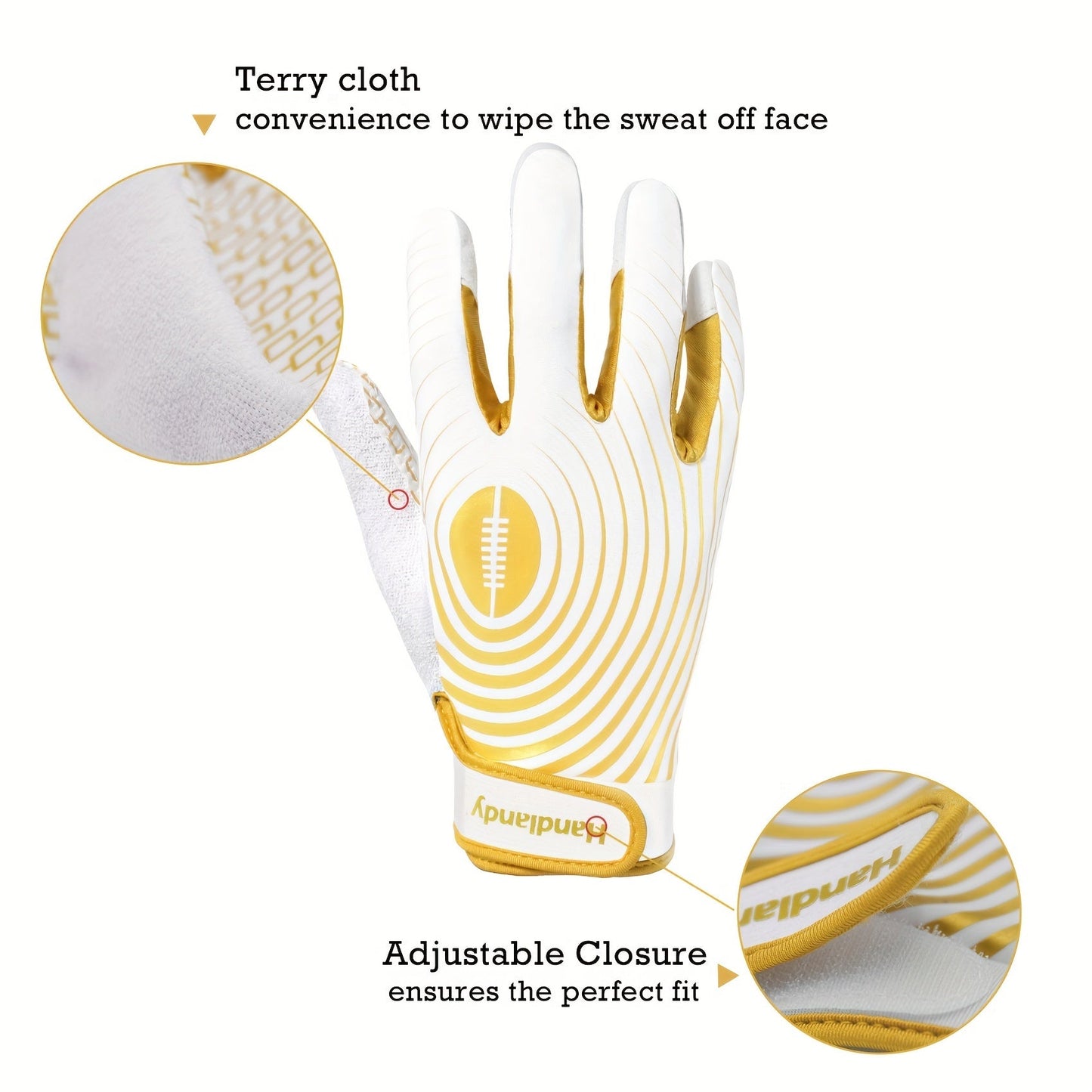 Adjustable football gloves with sticky white and golden receiver palms and elastic closure.