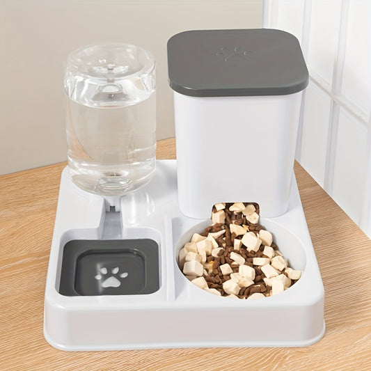 Automatic cat feeder and water dispenser with large capacity for cats and small dogs, made of stainless steel and plastic.