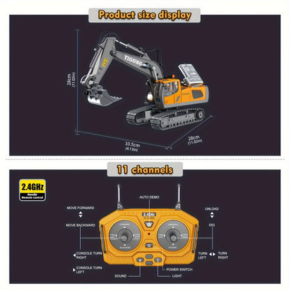 11-channel yellow remote control excavator toy for children aged 6-12. Durable metal construction with sand play capability. Includes rechargeable battery. Perfect outdoor engineering