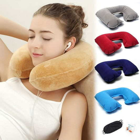 Inflatable U-shaped Travel Pillow Set with Short Plush Cover, PVC Support Headrest, Earplugs, and Eyeshade for Car or Office Use