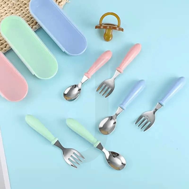 1-Piece Stainless Steel Utensil Set with Easy-Grip Handle for Ages 0-3. Includes Fork & Spoon in Storage Box. Wooden Material-Free, Electricity-Free. Color: Blue.