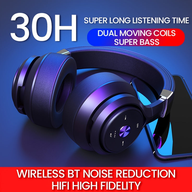 Wireless headphones with EQ Music Modes, microphone, and 30-hour playtime. HiFi stereo, foldable, lightweight design with deep bass for phone and PC use.