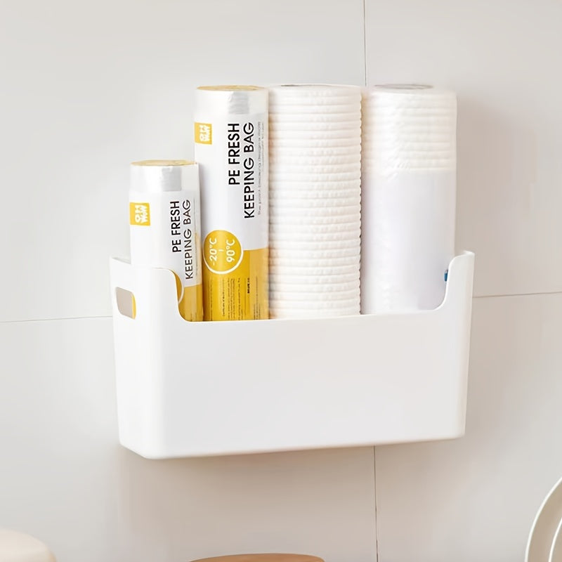 Get your hands on the 1-piece Kitchen Storage Box that can neatly store disposable paper cups, plastic wrap, seasonings, and more. This box comes equipped with 3 sheets of sturdy double-sided film and can be mounted on the wall without the need for