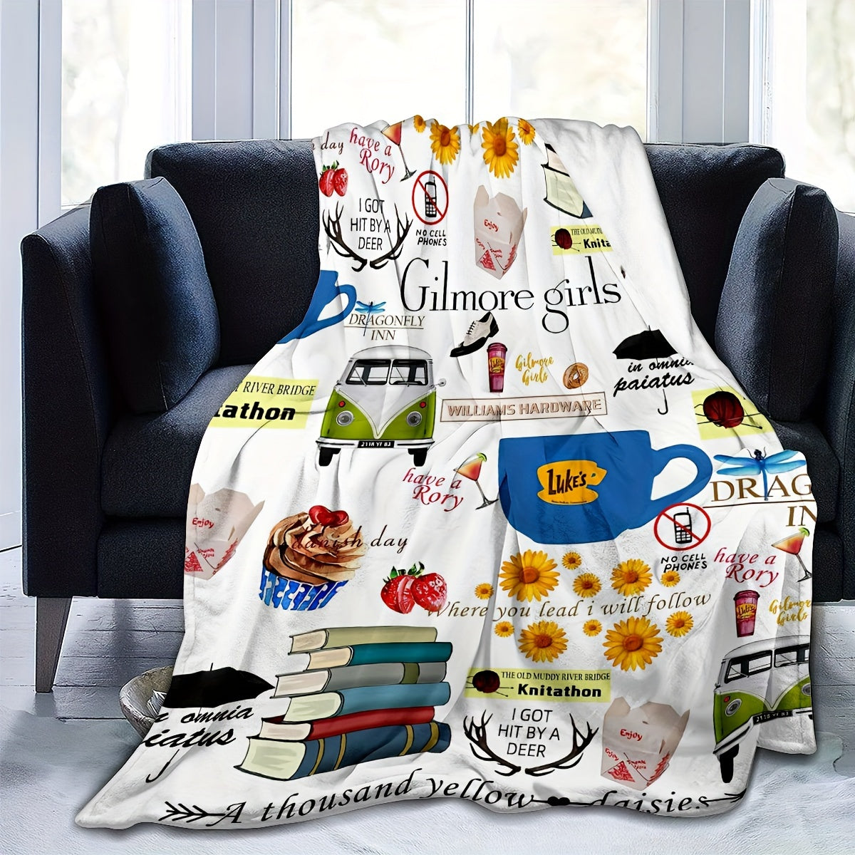 Soft and reversible flannel throw blanket inspired by Gilmore Girls, perfect for cozying up on the couch, bed, or in the office - a great birthday gift for foodies and fans of the show.