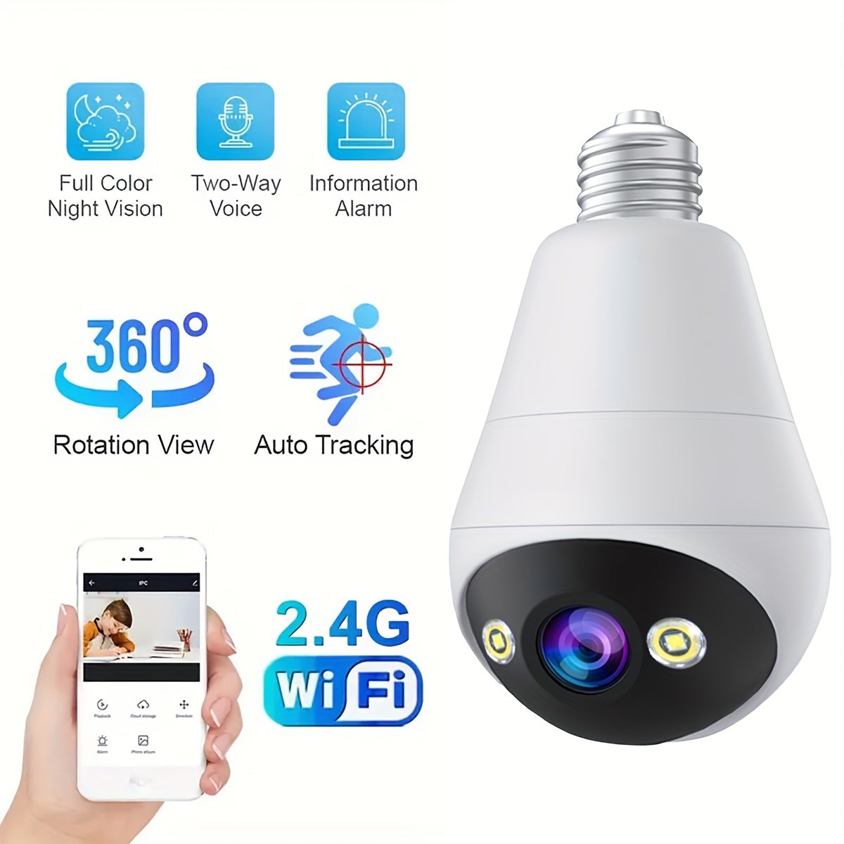 1pc JOOAN E27 WiFi PTZ Camera with 1296p HD resolution, night vision, two-way audio, smart motion detection, 360° pan-tilt, app control, audio and motion alerts. Hardwired power supply, no