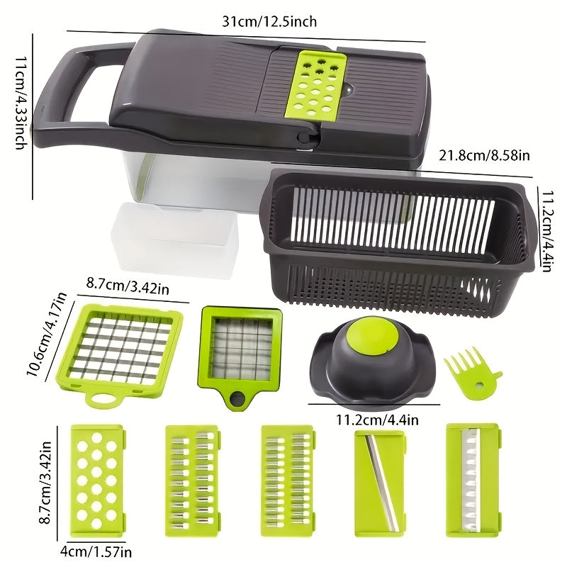 Get ready to slice, dice, and julienne your vegetables in a snap with this 16-piece multifunctional vegetable slicer and dicer! Featuring interchangeable blades for easy meal prep, this set includes a slicer with 8 blades and a convenient container for