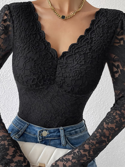 Stylish lace bodysuit with long sleeves, slim fit, see-through design, solid color, and floral print - made of polyester and elastane blend, recommend hand wash or dry clean.