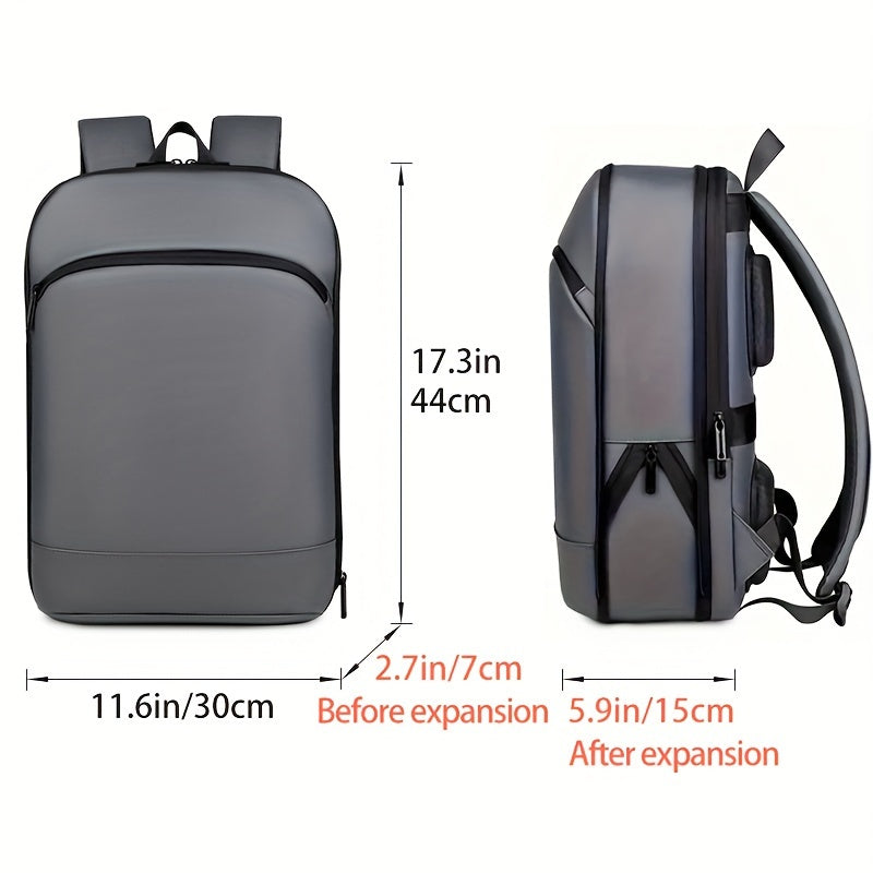 Expandable faux leather backpack with durable zipper, multi-pad laptop compartment, ideal for daily commute and outdoor business travel. Available in black, dark grey, and light grey