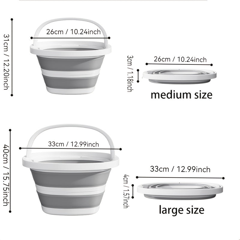 Durable folding bucket with handle, space-saving design. Portable for car wash, camping, fishing, and home use. Creamy white and granny grey plastic bucket.