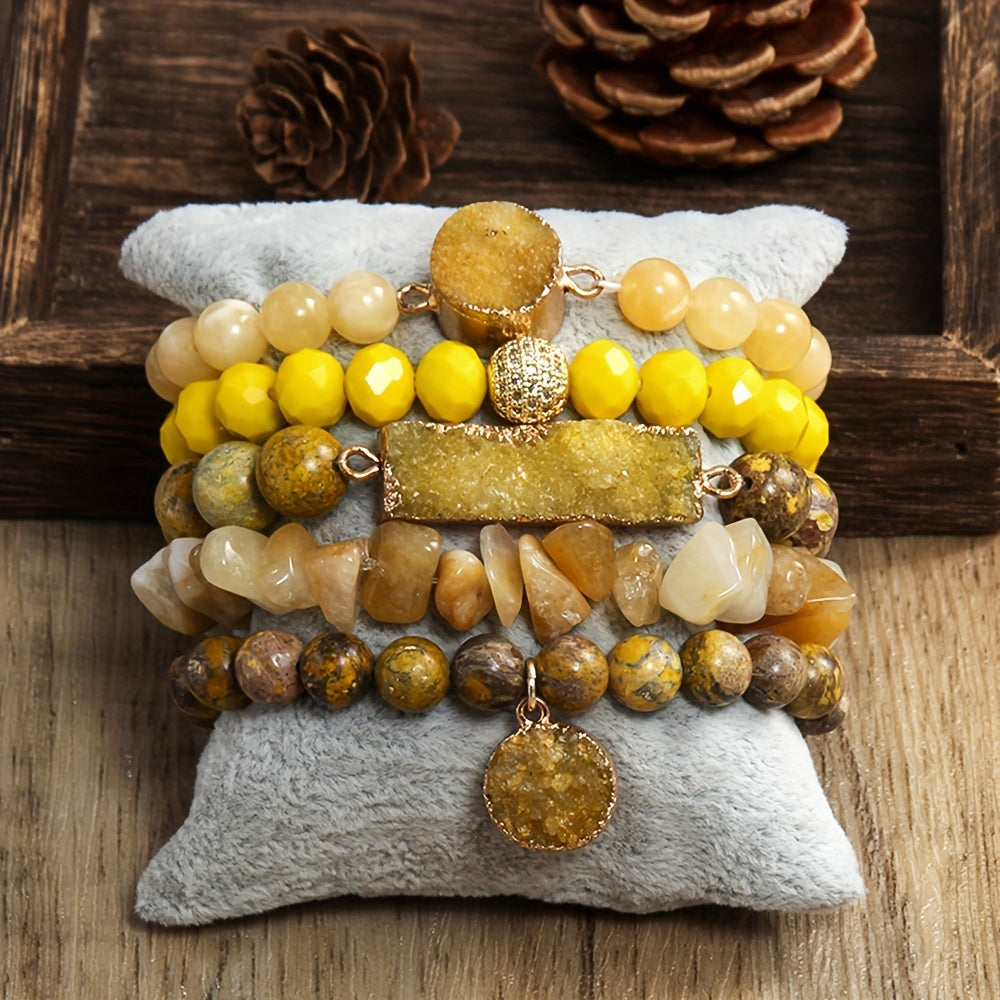 Set of 5 Bohemian Classic Beaded Bracelets featuring Natural Stone Druzy Gravel Glass, February Birthstone, Elastic Stackable design for Daily & Vacation Wear, accented with Synthetic Zirconia for a touch of elegance, perfect for all seasons.