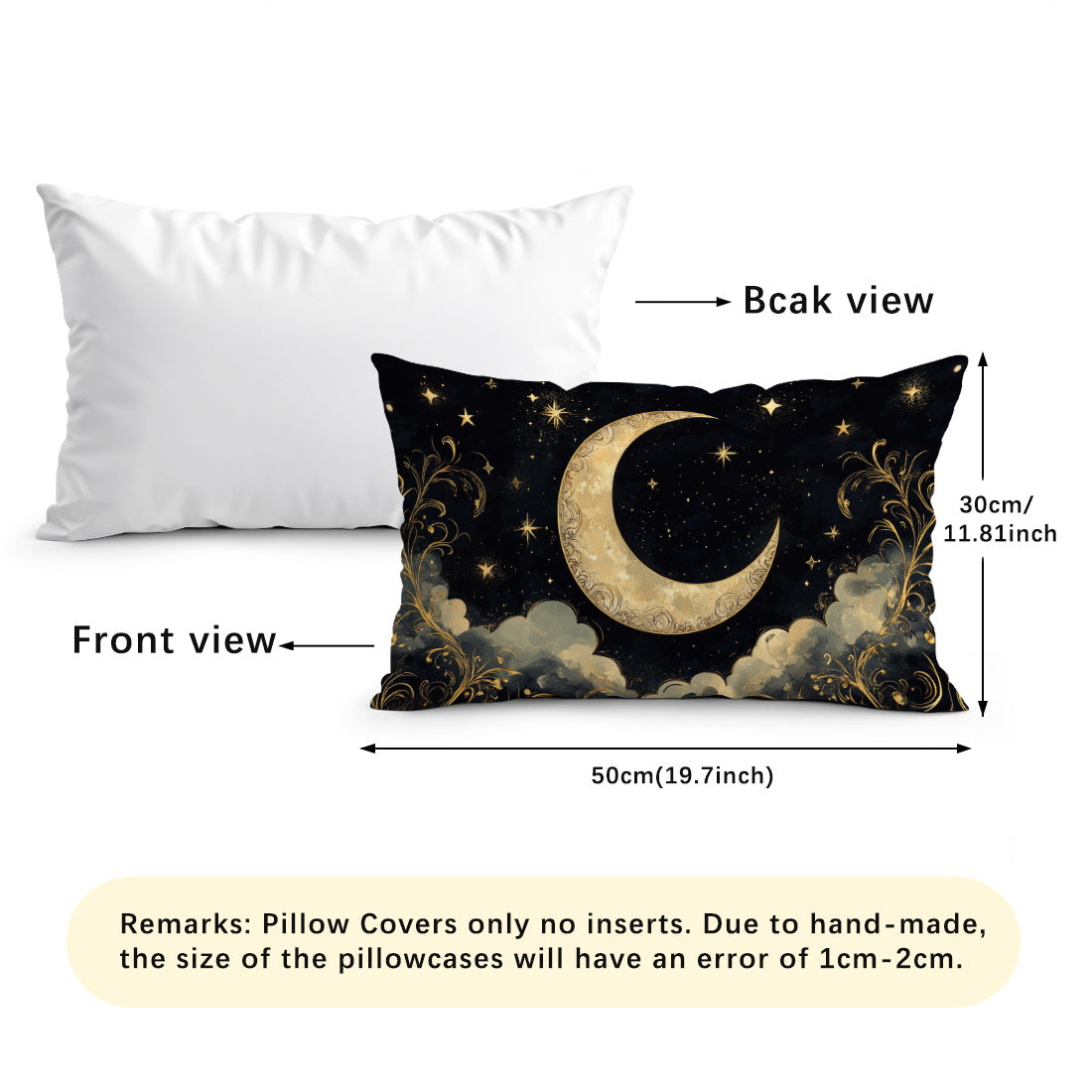 Contemporary crescent moon and stars print pillow cover, 30x50cm, made of soft peach skin velvet with zipper closure. Machine washable and suitable for various room types.