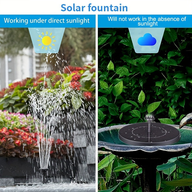 Solar fountain pump with LED light, Lithium battery powered, suitable for garden and water features, with 7 nozzle modes and durable construction.