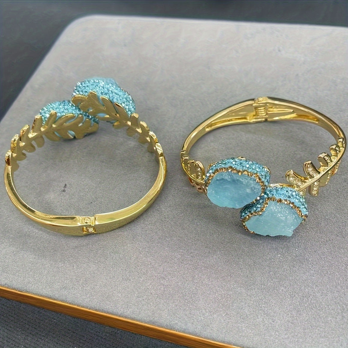 Gold Plated Aquamarine Raw Stone Bracelets featuring Bohemian & Minimalist Style, with Clay Inlay and Adjustable Leaf Design. Perfect Gift for a Delicate Female.